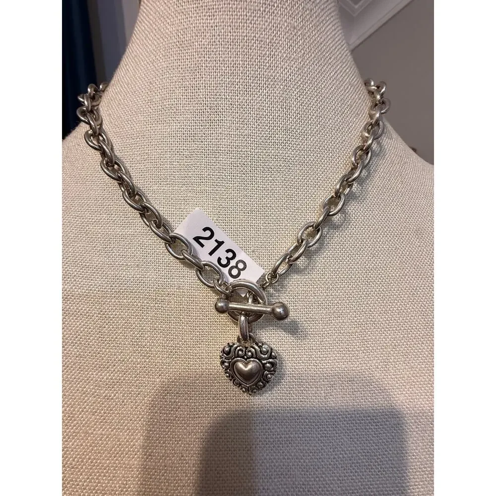 Vintage Silver Tone Heart Pendant Toggle Necklace 16”